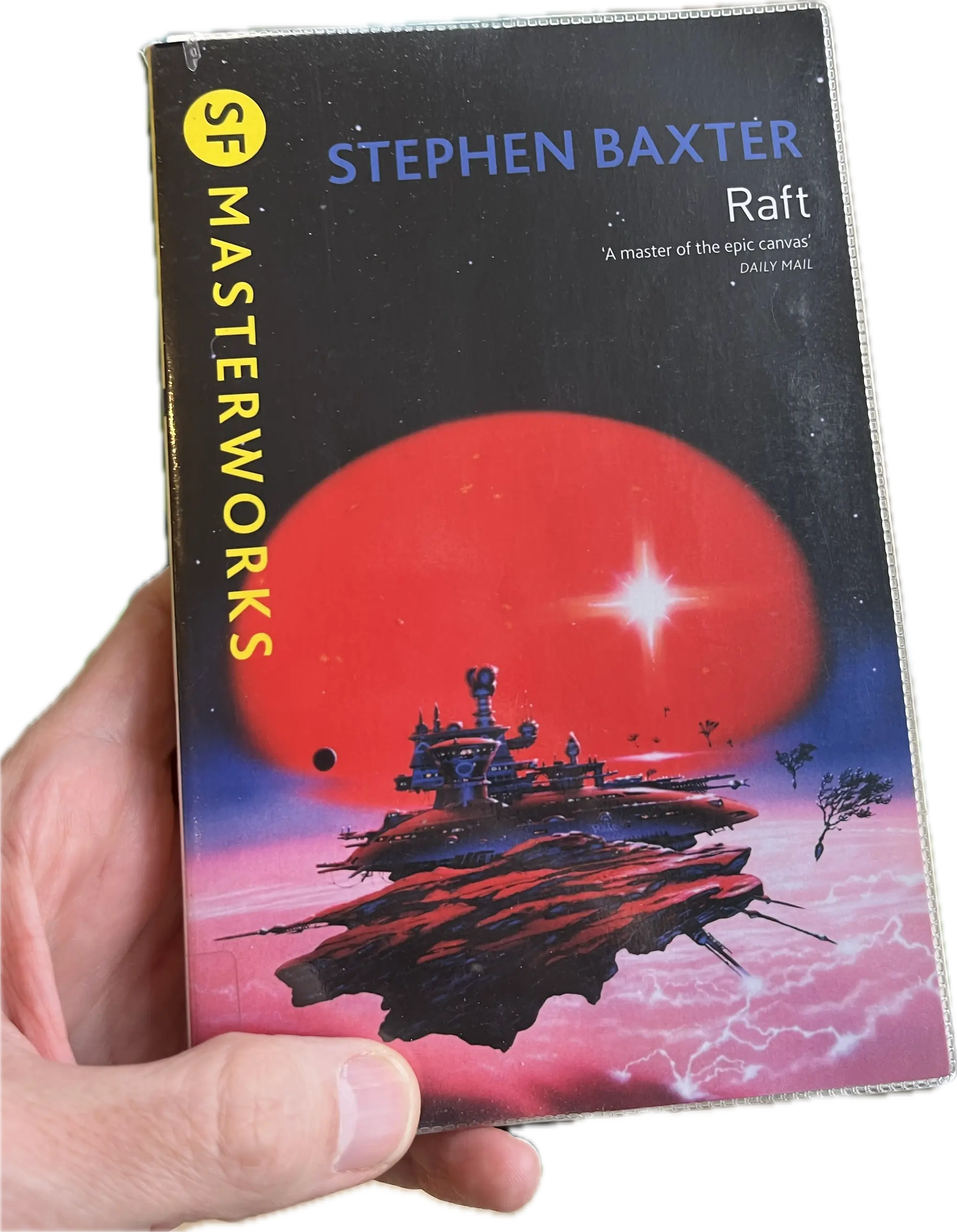 A hand holding a book, Raft